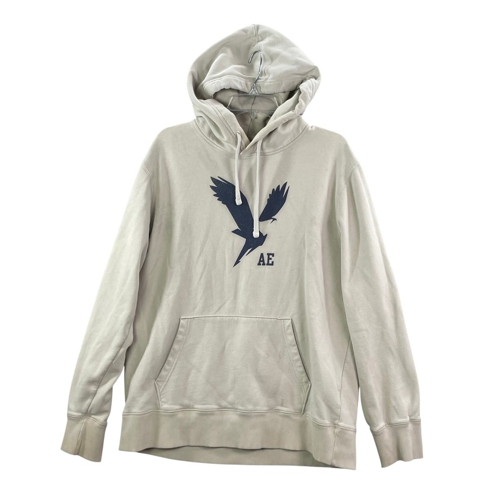 American Eagle Hoodie Women XL Beige‎ Graphic Logo Fleece Pullover Sweatshirt